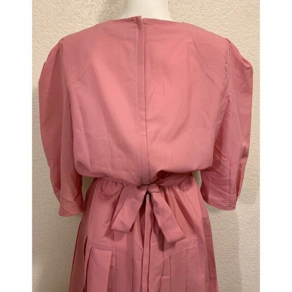 Handmade Vintage 70s/80s Dusty Pink Triangle Lace Bib Pleated Dress - Picture 7 of 7